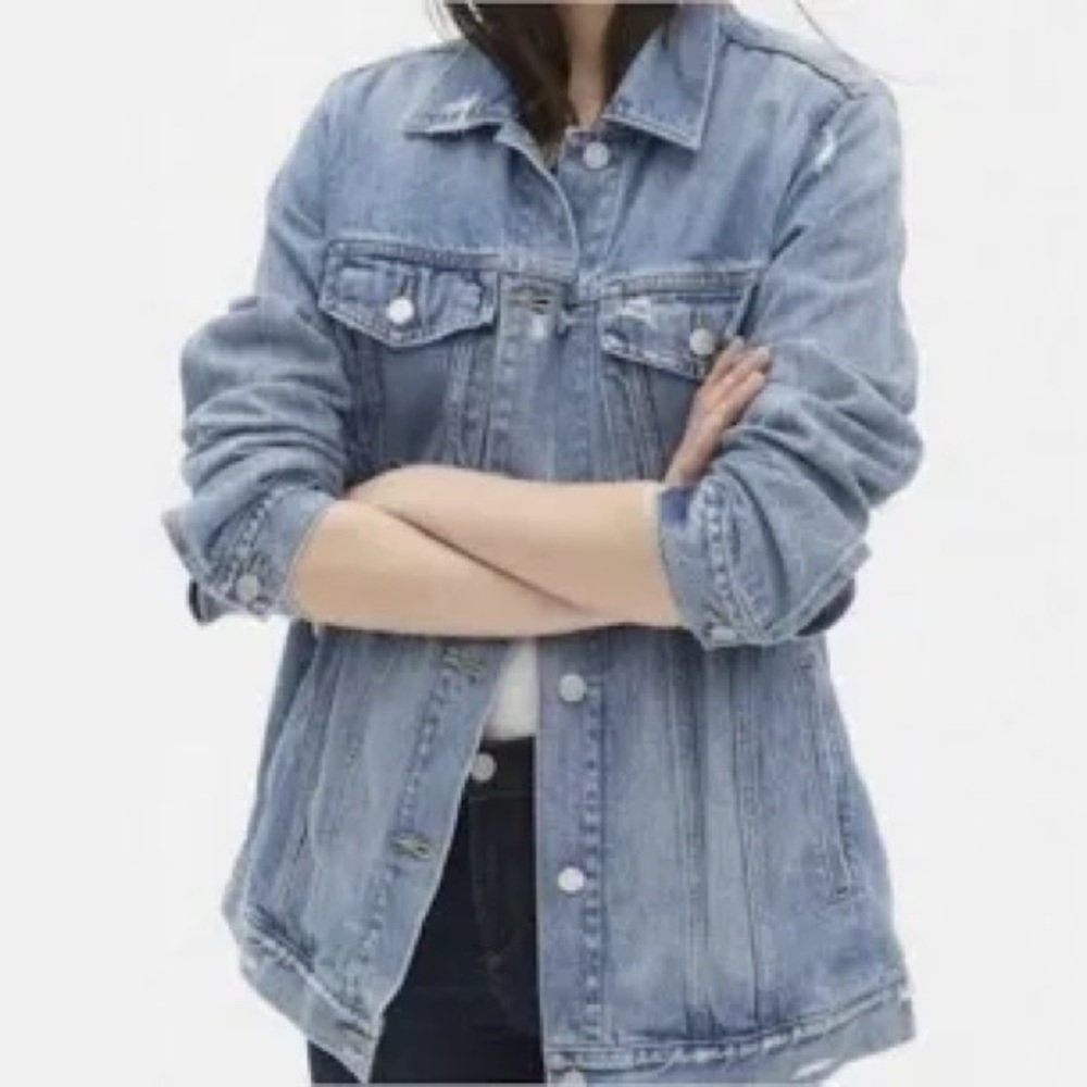 Lucky Brand Tomboy Jean Jacket Distressed Oversized Denim Trucker Size L NWT